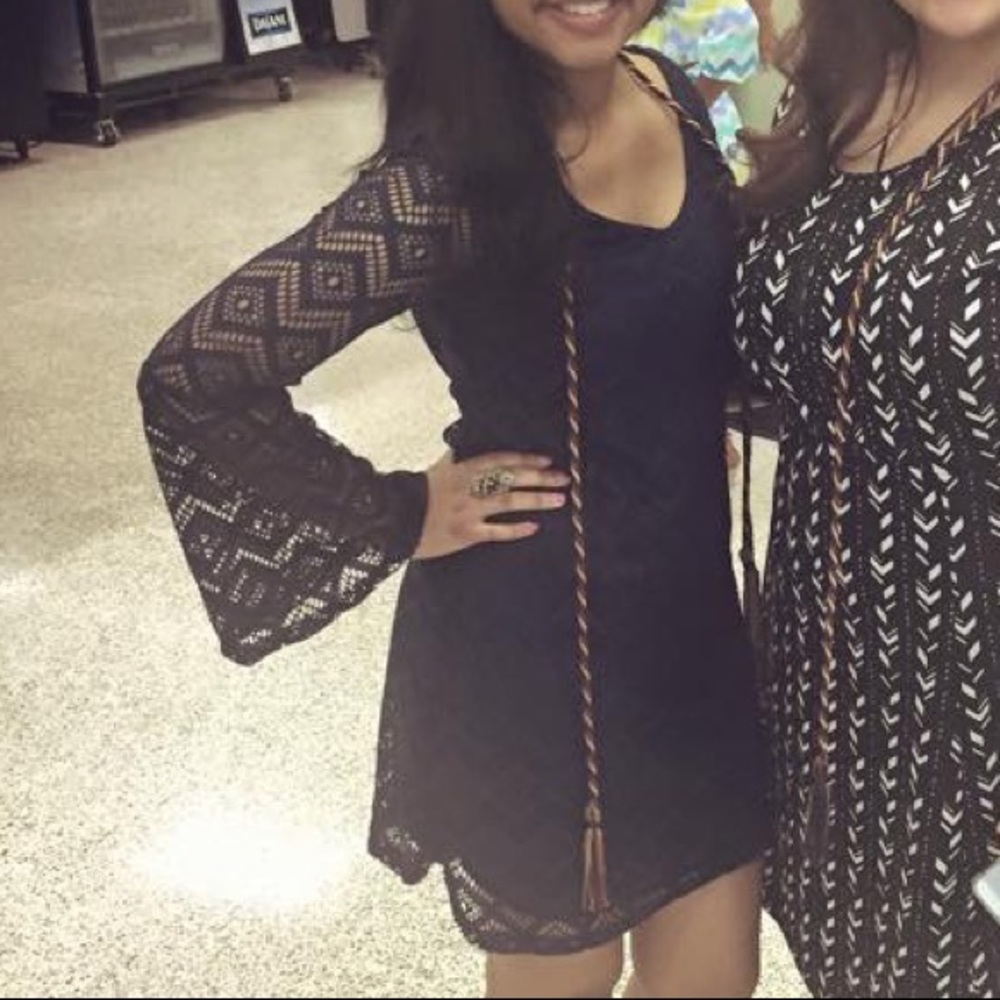Long sleeve patterned navy dress